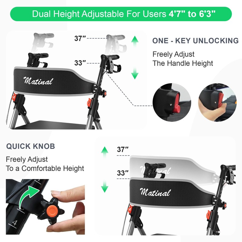 Matinal Walkers for Seniors, Rollator Walker with Seat, Walkers for