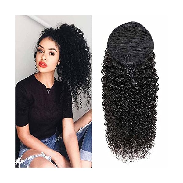 Adette 12 Inches Curly Ponytails Human Hair Drawstring Ponytail Extension Kinky Curly Clip in Pony Tail Hair Extensions Hair Pieces for Black Women Natural Black
