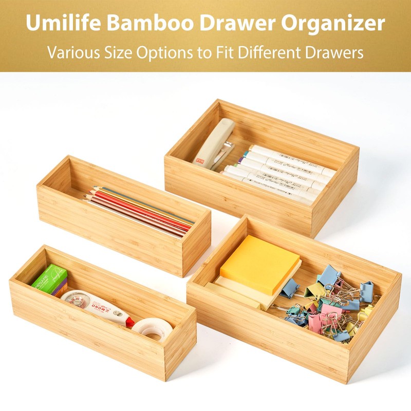 Umilife Bamboo Kitchen Drawer Organizer, Extra High Silverware Tray, Flatware