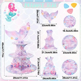 3-Tier Cupcake Stand Under The Sea Birthday Party Decor, Ocean Theme Dessert Display with Mermaid Tail Toppers for Girls & Baby Showers (Mermaid)