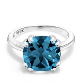 Gem Stone King 4.35 Cttw London Blue Topaz Engagement Double Prong Ring For Women In 925 Sterling Silver | 10MM Cushion Cut | Gemstone Birthstone | Available In Size 5, 6, 7, 8, 9
