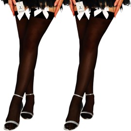 Fohevers Pack of 2 Women's Bow Thigh High Stockings Thigh High Socks High Stockings Satin Bow Opaque Over The Knee High, Black with white bows