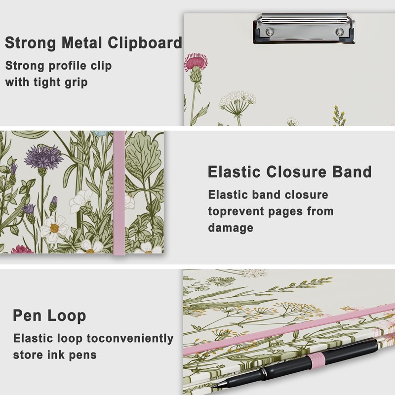 Clipboard Folio with Refillable Lined Notepad, Low Profile Clip and