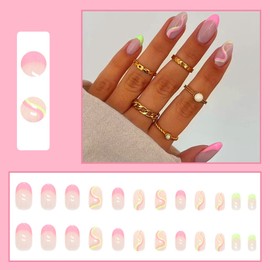 24Pcs Almond French Press on Nails Short, Pink Swirl Oval Acrylic Nails Glossy Fake Nails, Glue on Nails Cute False Nails with Designs Stick on Nails for Women