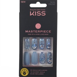 Kiss NEW Kiss Nails Masterpiece Luxe Glue Manicure Long Gel Coffin Blue Silver Gems