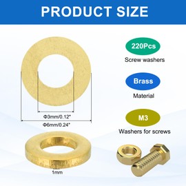 sourcing map 220 Pack Brass Flat Washer, M3 Copper Washers Crush Washer Kit Assortment, 3mm ID, 6mm OD, 1mm Thick for Bolts Screws Machinery Repair, Outdoor Construction