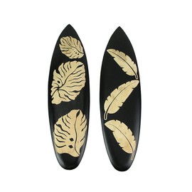 Set of 2 Handcrafted Wooden Tropical Leaf Design Decorative Surfboard Wall Hangings - Exquisite Island Decor for Your Home, Each Board Measures 20 Inches Long