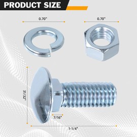 Front Rear Bumper Bolts Kit Capped Round Head Compatible with Ford 7/16-14x1-1/4 (4 Set); Long Carriage Chrome Bumper Bolts, Hex Nuts, and Lock Washers