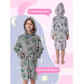 Glow in The Dark Kids Robes for Boys Girls Toddler Warm Fleece Hooded Bathrobe Soft Fuzzy Bath Robes 2-12 Years