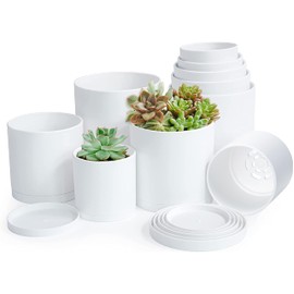 D'vine Dev Pack of 10 Plastic Plant Pots (2 Set of 6 Inch, 5.5 Inch, 5 Inch, 4.5 Inch, 4 Inch) Small Planter Pots for Plant with Drainage Holes and Saucers, White, 74-R-A