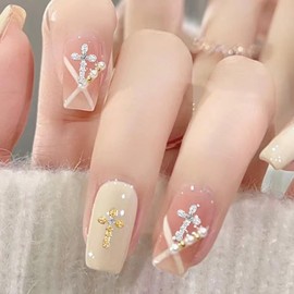 80PCS 3D Cross Nail Charms for Nail Art DIY, Gold Silver Vintage Nail Charms with Rhinestones, Gothic Y2K Design, Easy-to-Use Metal Cross Nail Decorations for Nails, Manicure Accessories Prom Parties