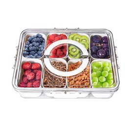 VXCELLENT LIVE LIFE Divided Snack Tray with Lid and Handle - Multi-functional Serving Tray for Snacks, Fruits, Vegetable, Candy and More, 8 Compartment Shackle Box, Ideal for Picnic and Travel