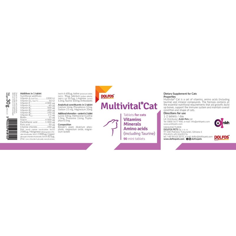 Multivital Cat 90 Mini Tablets Vitamins Minerals Amino acids Including