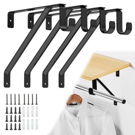 Pisman Adjustable Closet Rod Bracket Heavy Duty,Shelf Bracket with Rod Holder- White Closet Rod Support & Closet Shelf and Rod Bracket for Storage, 10 Inch 4pcs