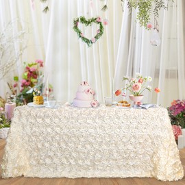 Fanqisi Ivory Rosette Tablecloth Wedding Decoration 50x80Inch Satin Tablecloth Flower Table Cover for Wedding Baby Shower Home Party Table Decoration