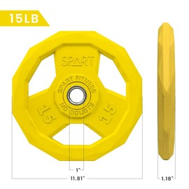 SPART Color Coded Weight Plate 1-Inch Rubber Coated Standard Grip Plate for Barbell,Solid Cast Iron Weight Plates for Strength Training,Weightlifting,Crossfit, Fit All 25/28mm Barbells, 15LB, Pair