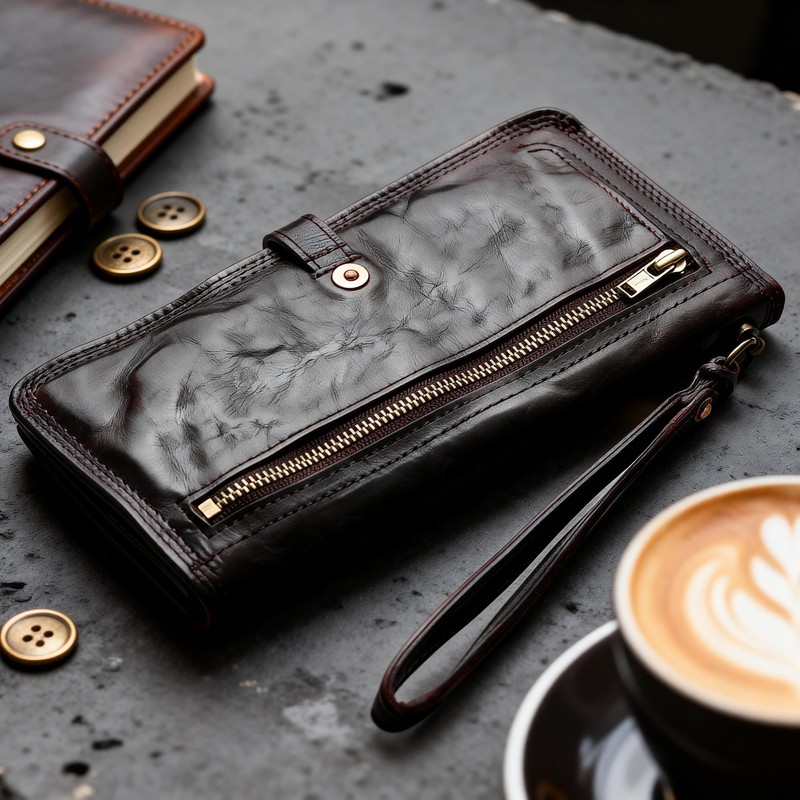IJUN Full Grain Leather Handmade Bifold Long Wallet for Men