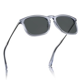 CARFIA Vintage Polarised Sunglasses for Men and Women, UV400 Protection, Ultralight Frame, Unisex polished transparent frame, grey lenses, M