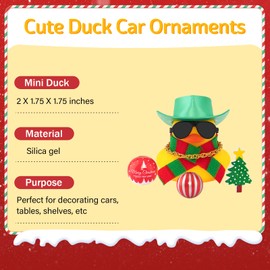 wonuu Christmas Rubber Duck, Mini Ducky with New Year Accessories Tree Ball Sunglasses Necklace for Festival Gift Xmas Decoration Car Dashboard Ornament, Plaid Knitted Scarf-Green Cowboy Hat