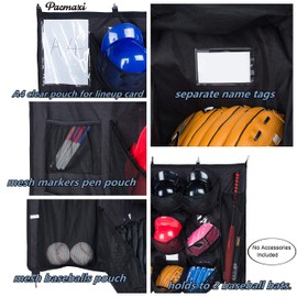 PACMAXI Hanging Baseball Helmet Bag to Organize Baseball Equipment Including Helmets, Gloves, Batting Gloves, Balls, Bat, 12 Player Dugout Organizer Storage (black)