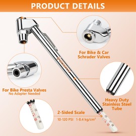 Presta Bike Tire Air Pressure Gauge Pencil 10-120 Psi for Schrader or Presta Valves Car Bicycle Or Motorcycle - 2 Pack