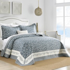 FineStichery 100% Cotton Oversized Quilt 120"x120", Extra Large King Bedspread, Farmhouse Botanical Bed Spreads Coverlet, Lightweight Quilted Bedding Cover, 3 Piece, Grayish Blue/White