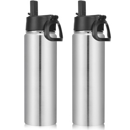 Neihepal 22 oz Insulated Water Bottles with Leak Proof Straw Lid, Wide Mouth Double Walled Vacuum Stainless Steel Metal Water Bottle (Silver,2 Pack)