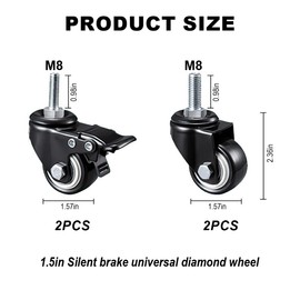 YOYEAH Set of 4 40 mm Furniture Castors with Brake, M8 x 25 mm Swivel Castor Thread, Heavy Duty Castor Small Rubber, Load Capacity 240 kg, 360° Rotatable - for Transport Wheels, Cabin Cars and