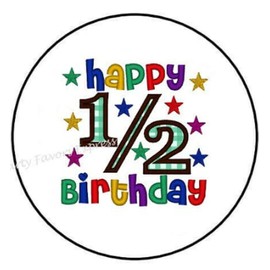Party Favors Express 30 Pcs 1.5" Inch Happy 1/2 Half Birthday Stickers - Multicolor Cartoon Letter Print Round Stickers - Paper Material - Perfect for Indoor Use on Paper, Cardboard