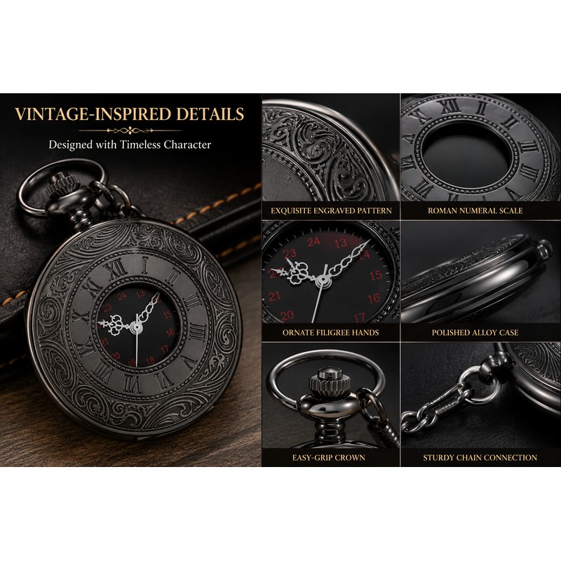 Vintage Roman Numeral Pocket Watch for Men – Engraved Quartz