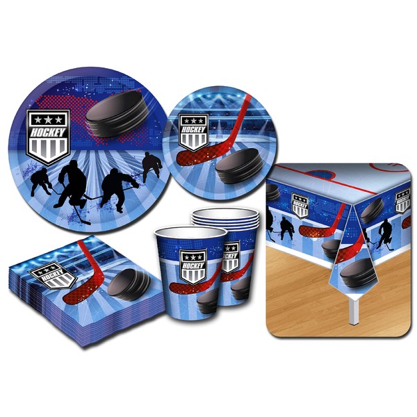 Deluxe Hockey Theme Party Supplies Set for 20 People, Includes 20 Large Plates, 20 Small Plates, 20 Napkins, 20 Cups & 2 Table Covers - Perfect for Gameday or Birthday (82 Pieces Total)