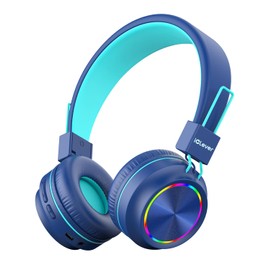 iClever BTH03 Kids Bluetooth Headphones, Colorful LED Lights, 35H Playtime, Bluetooth 5.4, Type C Fast Charging, Safe Volume, Stereo Sound Mic, On Ear Kids Wireless Headphones for iPad Airplane, Blue