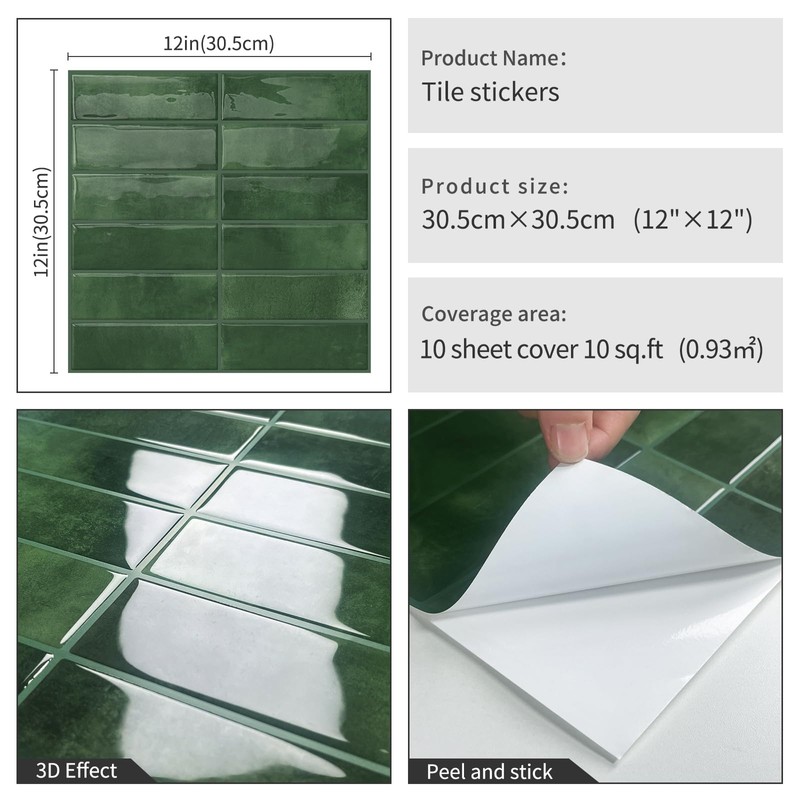 DEWOO 20-Sheet Peel and Stick Subway Backsplash Green Kitchen Bathroom