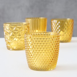 WHW Whole House Worlds Modernist Home 4 Piece Chubby Tea Light and Votive Candle Holder Set, Translucent, Honey Yellow Glass, 3.25 Inches