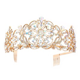 Weddingtopia Crystal Princess Pageant Gold Wedding tiara for bridal Plus Wedding Hair Pieces For Free– Rhinestone Bridal Tiara Crown with side combs Exquisite Headband Comb Pin (GOLD AB)