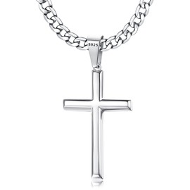 Besteel 925 Sterling Silver Cross Necklace Beveled Edge for Men Women 5mm Stainless Steel Diamond Cut Durable Cuban Link Curb Chain Crucifix Pendant Necklace Jewelry 16 Inches