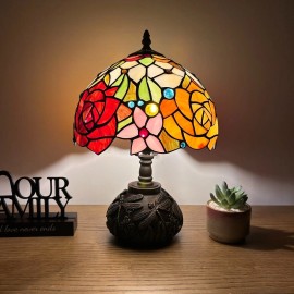 Enjoy Decor Lamps Tiffany Style Mini Table Lamp Rose Flowers Stained Glass LED Bulb Included 14"H