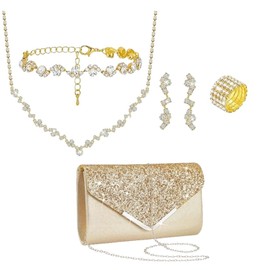 Conjunto de 5 piezas de Joyería con Bolso de Mano,Brillante Joyas Mujer de Regalo Bolso de Noche Collar Pendientes Pulseras Anillo para Mujer Joyas para la Fiesta de Graduación de la Novia (Oro)