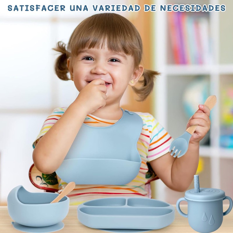 VIDA4U 9pcs Plato Silicona para Bebe, Set Alimentación Complementaria, Juego