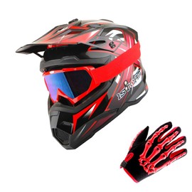 1Storm Youth Kids Motocross Helmet BMX MX Bike Helmet Teenager Racing Style; Racing Red + Goggles + Skeleton Glove Bundle