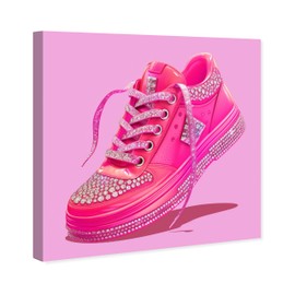 Wynwood Studio Fashion and Glam Contemporary Wrapped Canvas Art - Hot Pink Glitzy Sneaker, Wall Art for Living Room, Bedroom, and Bathroom, 12" x 12", Pink and Gray Home Decor