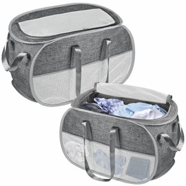 BOSNONA 2 Pack Large Collapsible Laundry Baskets 74L Pop Up Laundry Hamper with Sturdy Zipper Lid Foldable Laundry Hamper for Laundry Room Kids Room (2 Pack Grey With Zipper)