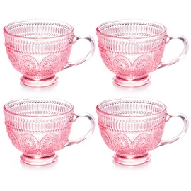 Vintage 4 Pack Glass Coffee Mugs with Handle-14 oz Pink Embossed Glass Cups for Cappccino, Latte, Cereal, Yogurt, Tea, Milk