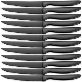 Black Steak Knives of 12, 18/10 Stainless Steel Steak Knives Set of 12, Dishwasher Safe Steak Knives, Serrated