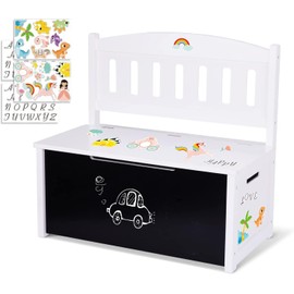 TOOKYLAND Wooden Toy Storage Box - Lift Top Chest and Seating Bench with Lid, Safety Hinge, Blackboard and Stickers, Toy Organizer for Kids 3 Year Old +