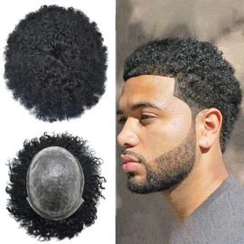 Afro Toupee For Black Men Brazilian Human Hair Units Black Men Hair System PU Injection Kinky Curly Afro Hair Units Black Men Durable African American Mens Hair Piece 8x10 8mm afro wave #1B OFF BLACK