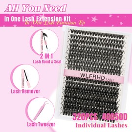 Lash Extension Kit 320PCS Eyelash Clusters DIY Eyelash Extension Kits Individual Lashes Natural Lash Clusters Kit with Bond and Seal, Eyelashes Remover and Tweezer(40D 50D,D-Mix9-16mm)