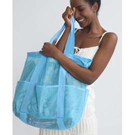 benpen Beach Bags for Women, Large Mesh Pool Tote Bag with Zip Waterproof Pocket, Summer Holiday Essentials Family Travel Bag, Reusable Shopping Grocery Shoulder Bag for Picnic Gym School (Blue)