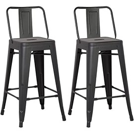 AC Pacific Modern Light Weight Industrial Metal Bucket Back Barstool, 30" Seat Height Counter Stool (Set of 2), Midnight Matte Finish