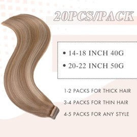 YDDM Tape-In Real Hair Extensions, 20 Pieces, 50 cm, 50 g, Light Brown with Golden Blonde, Invisible Tape Extensions, Real Hair Skin Weft Hair Extensions (20 Inches, 10/10/22)